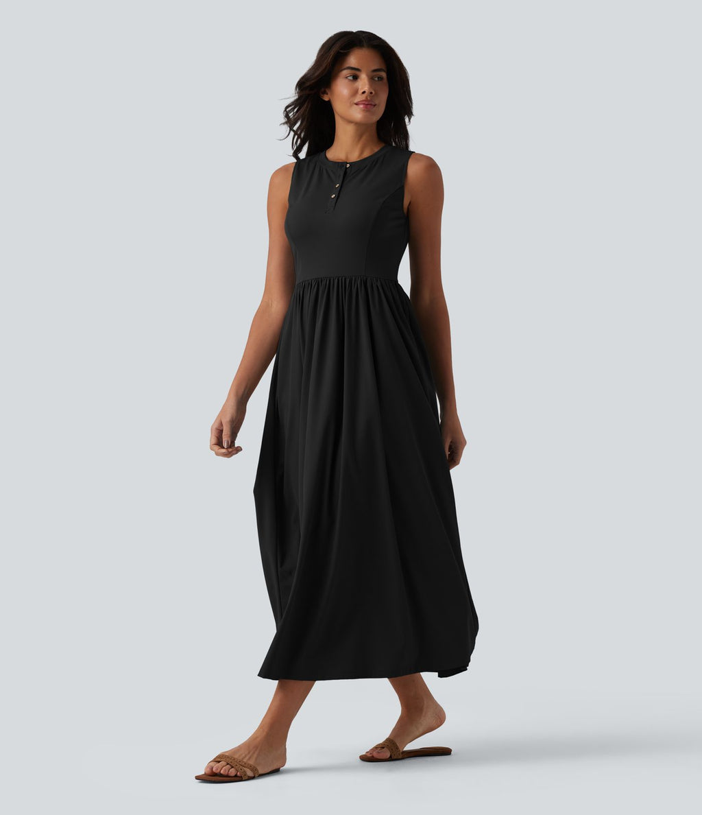 Robe midi évasée fluide décontractée Breezeful™ col Henley sans manches à séchage rapide avec poches