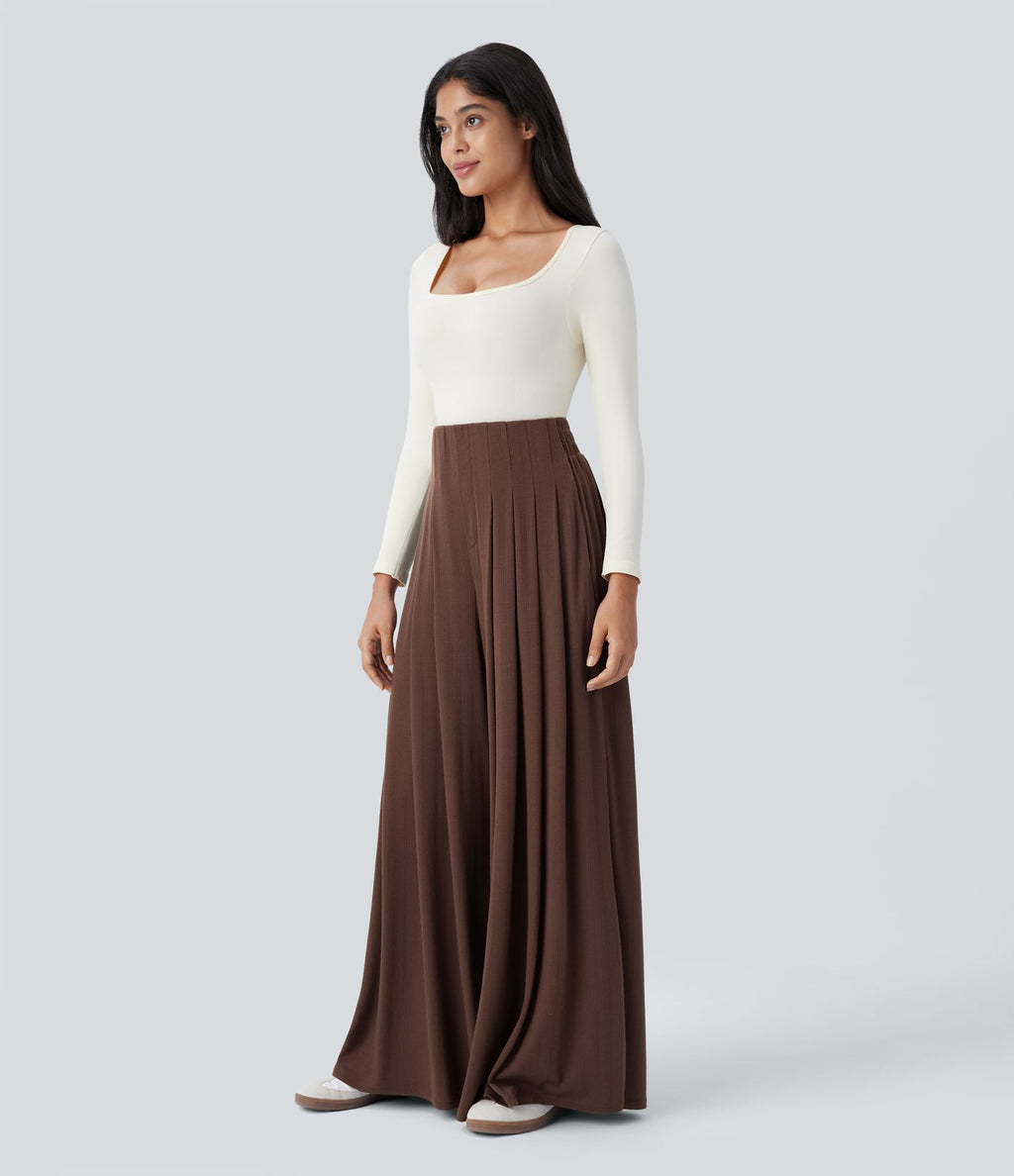 Pantalon décontracté ample à taille haute, plissé et à poches latérales