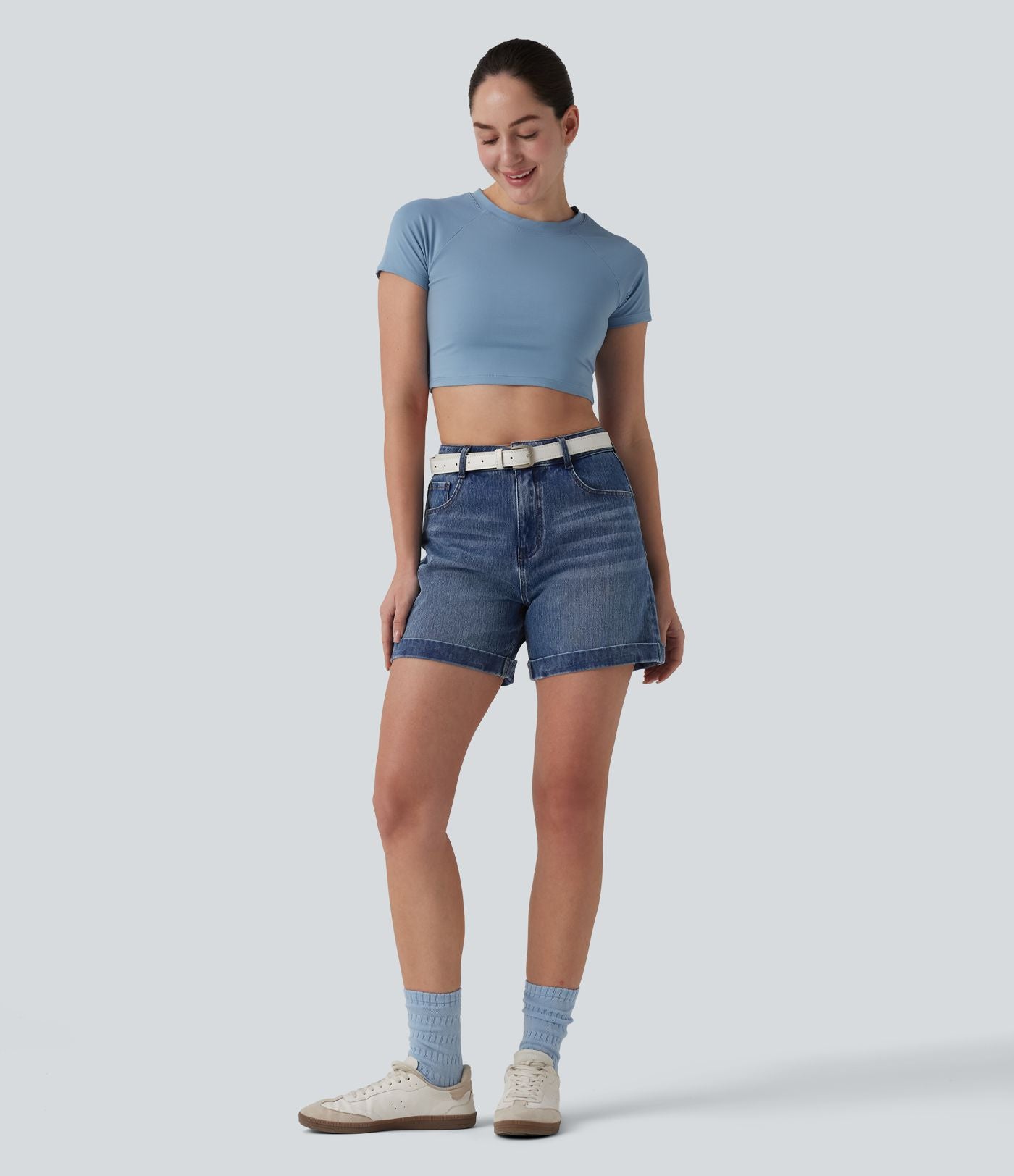 Halara Flex™ Short en denim taille mi-haute ourlet retroussé 12,5 cm avec poches
