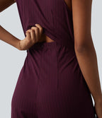 Combinaison tailleur sans manches à col V, ceinturée, avec zip invisible, rayures et effet frais avec poches, accès facile Easy Peasy