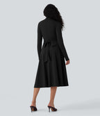 Robe de travail midi manches longues à découpes et dos noué avec poches