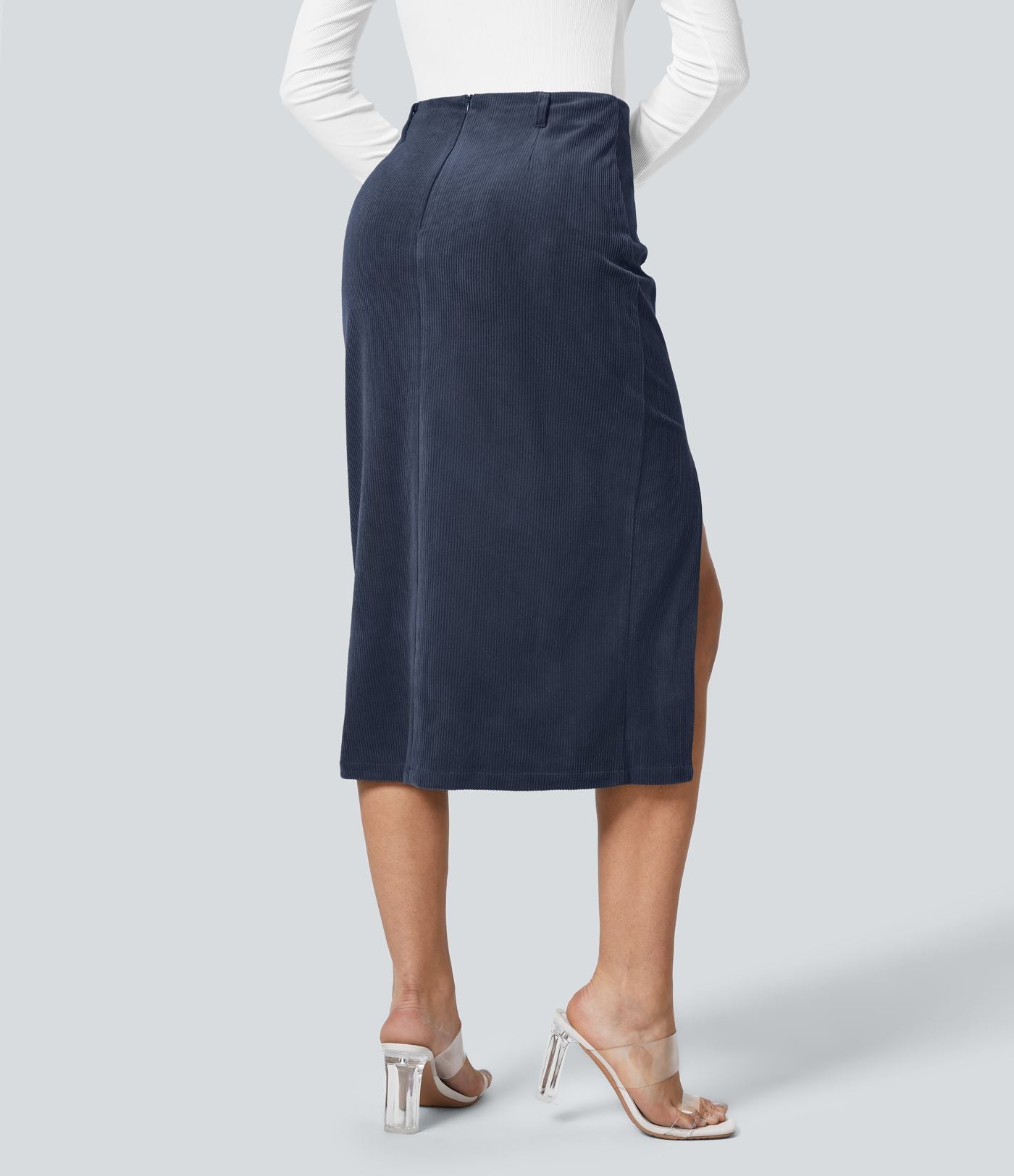 Jupe Casual en Velours Côtelé Mi-longue Taille Haute Fermeture Éclair Invisible et Fente fendue