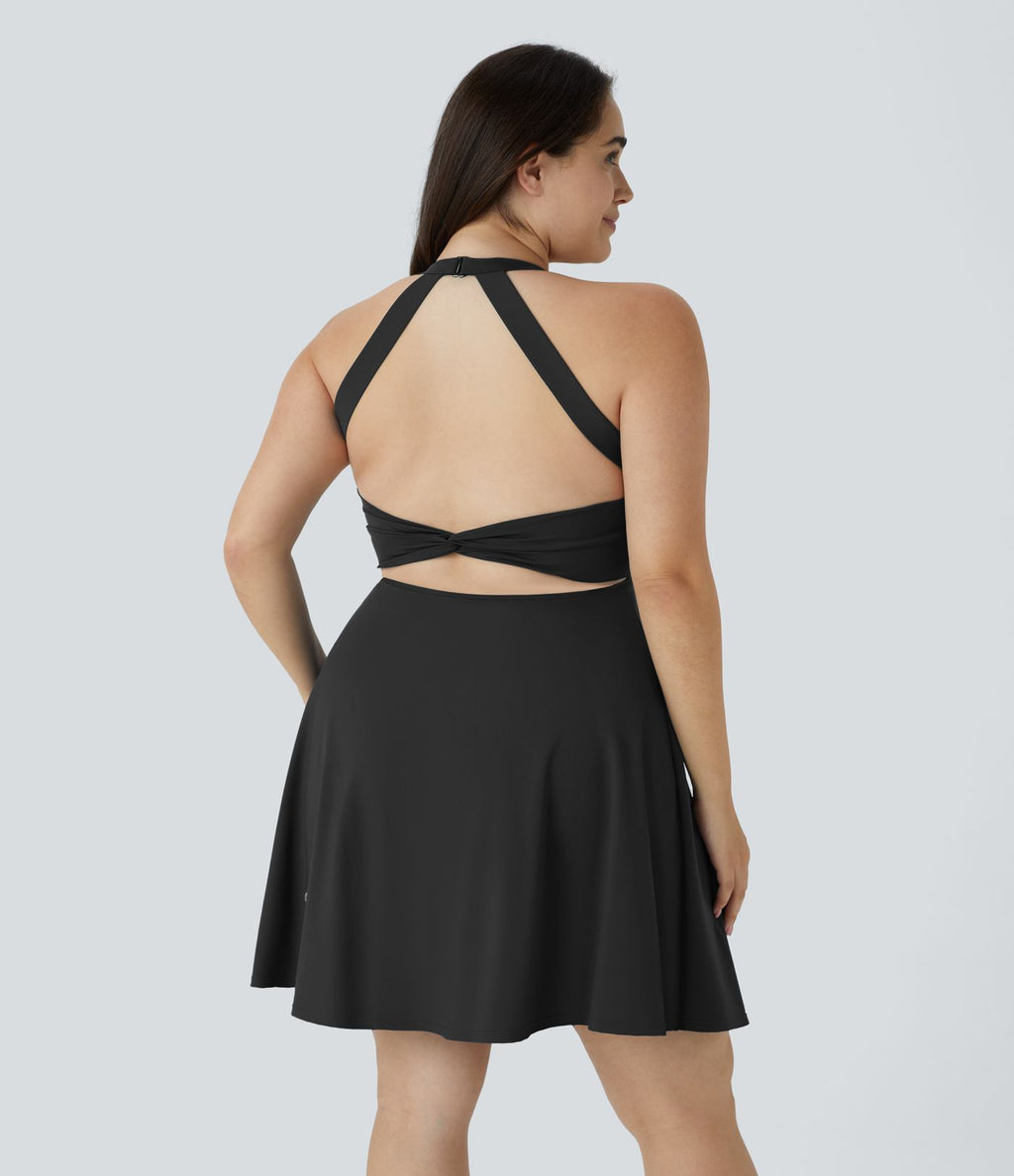 Robe Danse Barre Ballet Grande Taille 2 en 1 Col en U Dos Nu avec Découpe Torsadée et Poches Latérales - Plus Longue