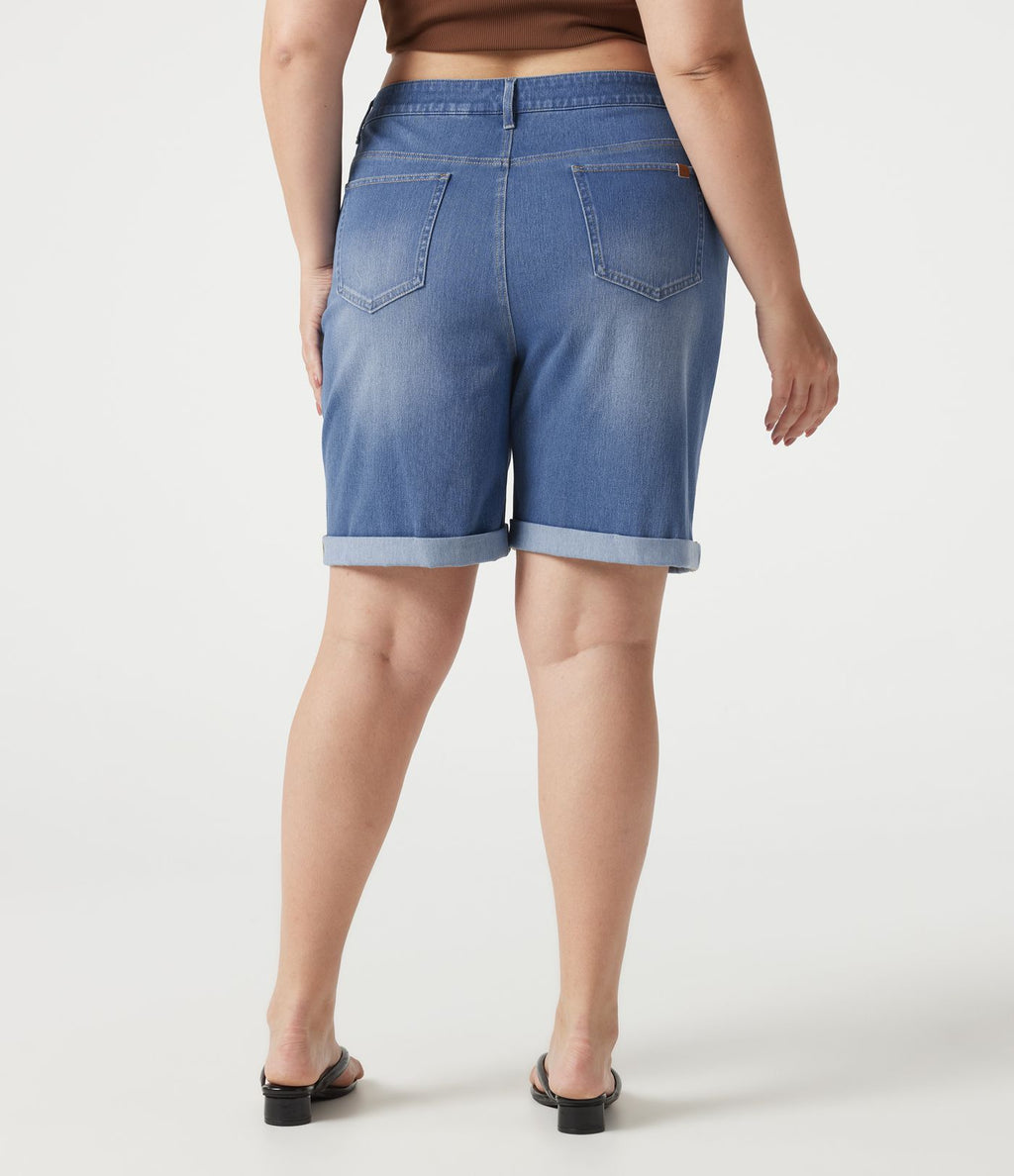 Short bermuda casual denim grande taille Halara Flex™ tricot extensible délavé taille haute multiples poches ourlet roulotté