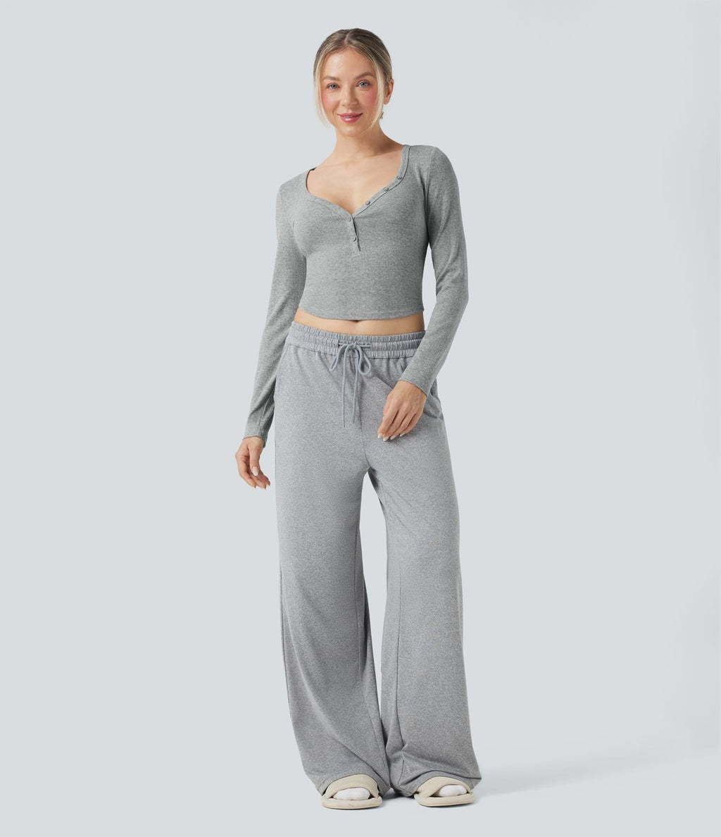 Haut détente cropped maille côtelée col henley manches longues
