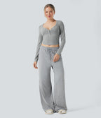 Haut détente cropped maille côtelée col henley manches longues