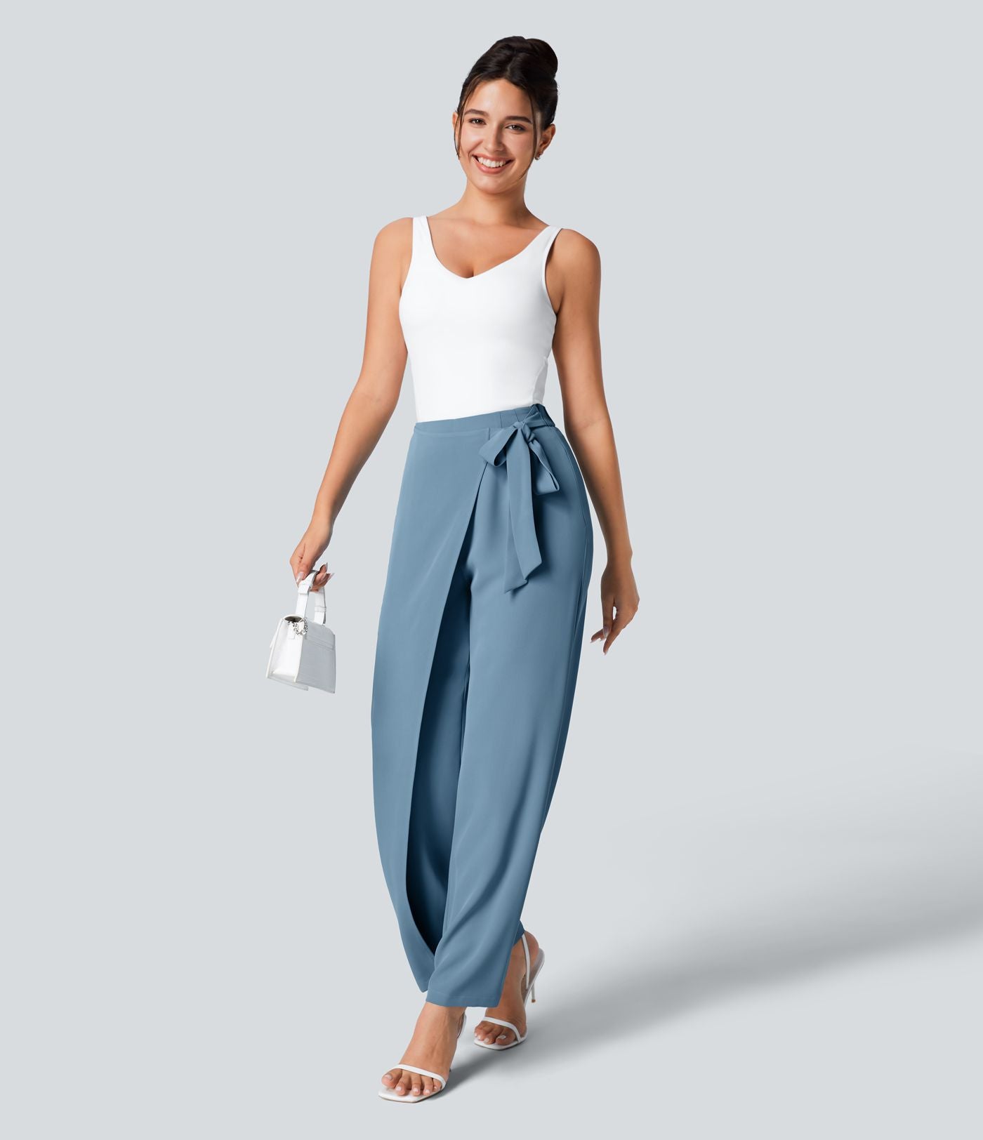Pantalon Tailleur Large Fluide Taille Haute Fermeture Éclair Invisible