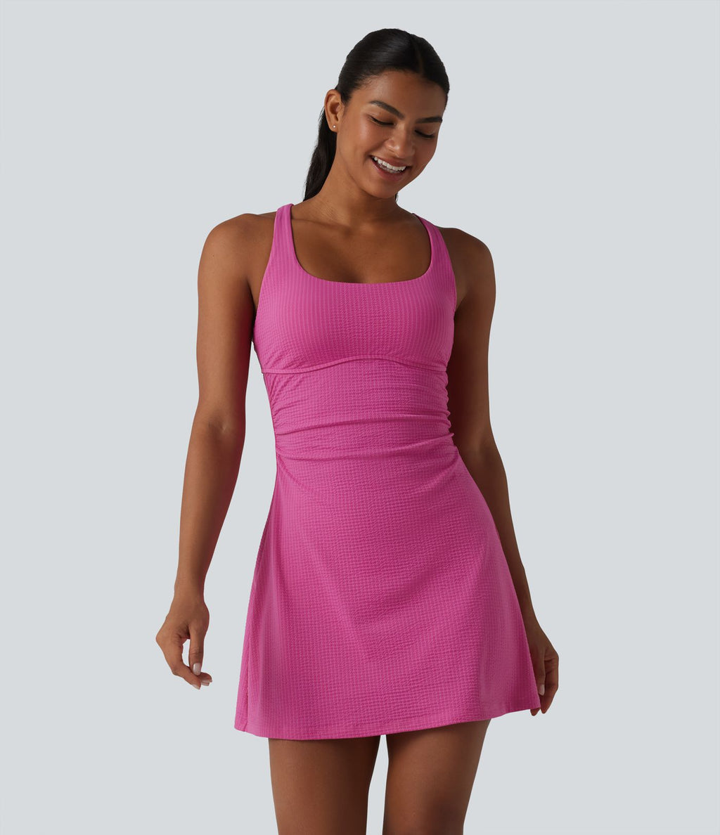 Robe sport mini de tennis 2 pièces à col U, soutien-gorge intégré, rayures, séchage rapide et poches - UPF40+