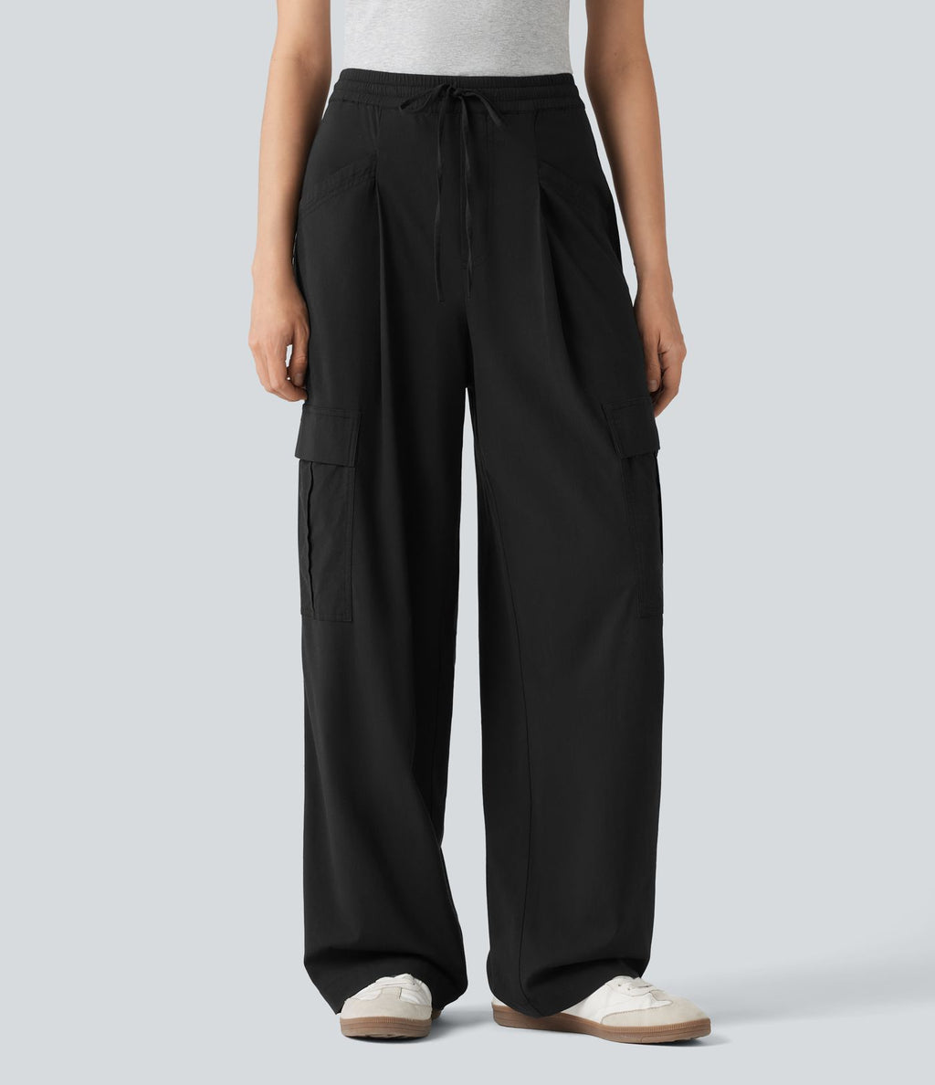 Pantalon cargo décontracté en lin extensible coupe droite taille mi-haute avec cordon de serrage et poches