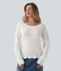 Pull décontracté col bateau manches longues maille ajourée