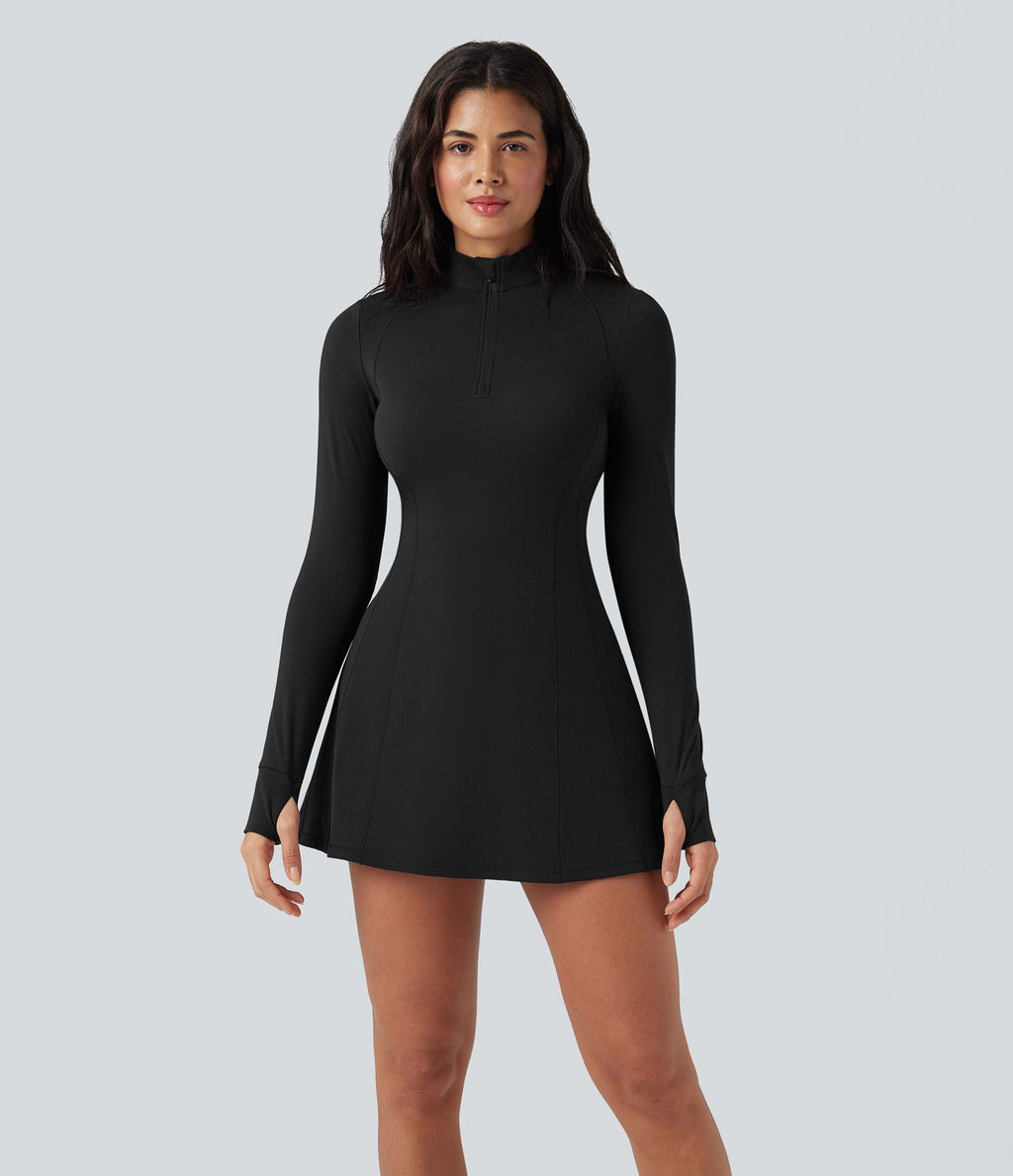 Robe de tennis active courte SoftlyZero™ Plush 2-pièces demi-zip manches longues avec trous pouces et poches