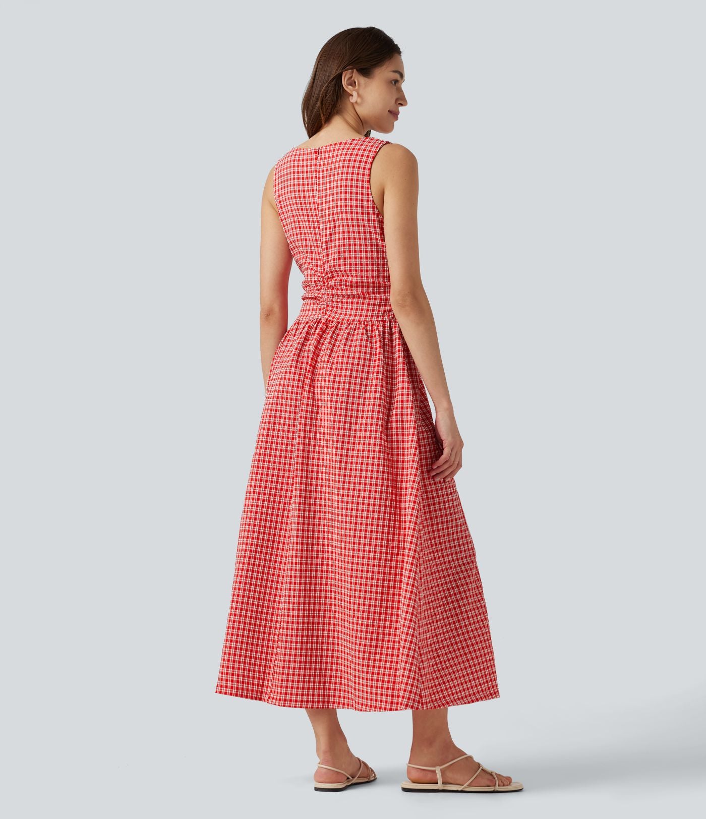 Robe midi décontractée à carreaux vichy, col bateau, sans manches, avec poches
