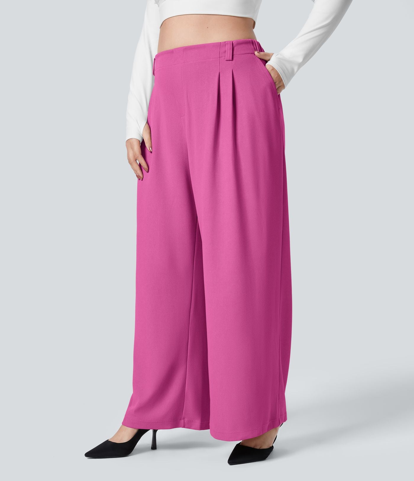Halara Flex™ Pantalon tailleur Grande taille à Taille Haute, Poches Latérales Plissées, Jambes Larges, en Tissu Gaufré