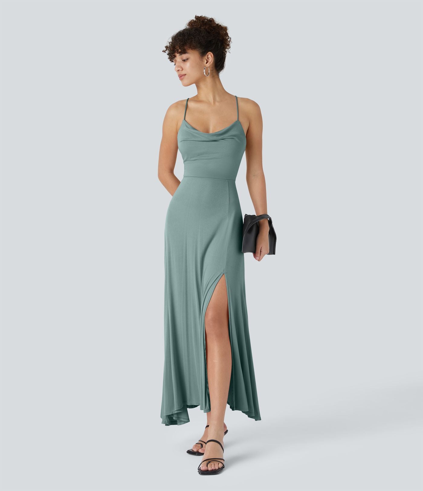 Robe Soirée Midi Encolure Côtelée Dos Nu Lacets Croisés Fendue