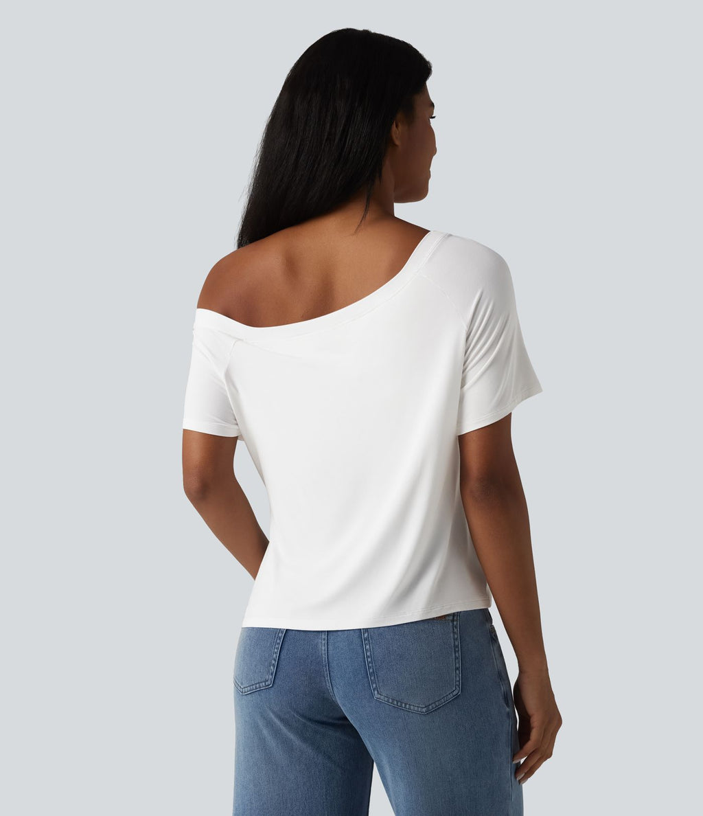 T-shirt décontracté asymétrique manches courtes soutien-gorge intégré nœud devant