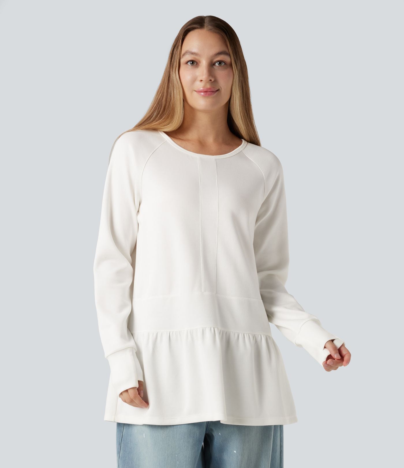 Sweat-shirt col rond volants manches longues avec trous pouces