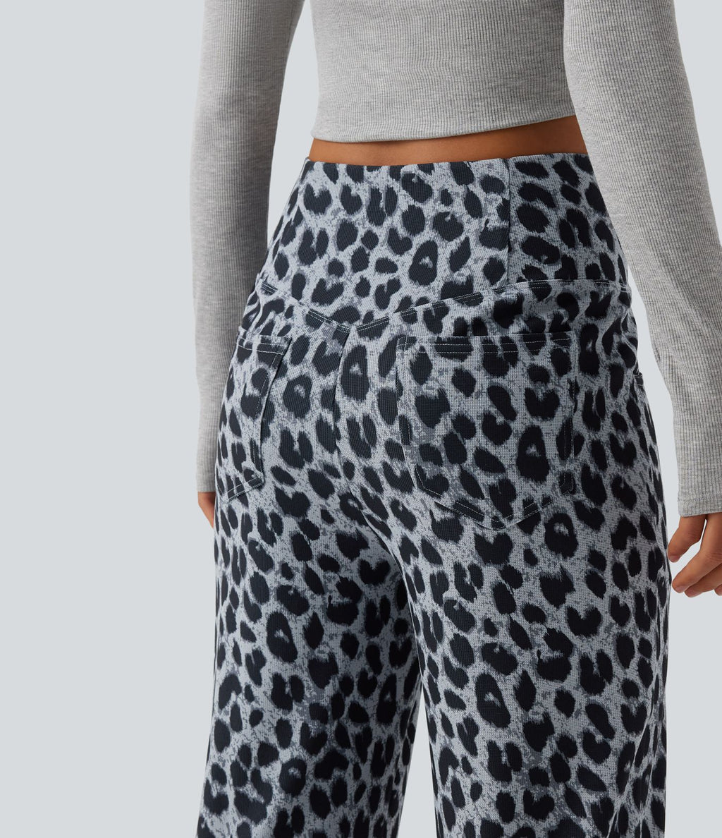 Pantalon large décontracté taille haute croisé imprimé léopard en tissu gaufré avec poches