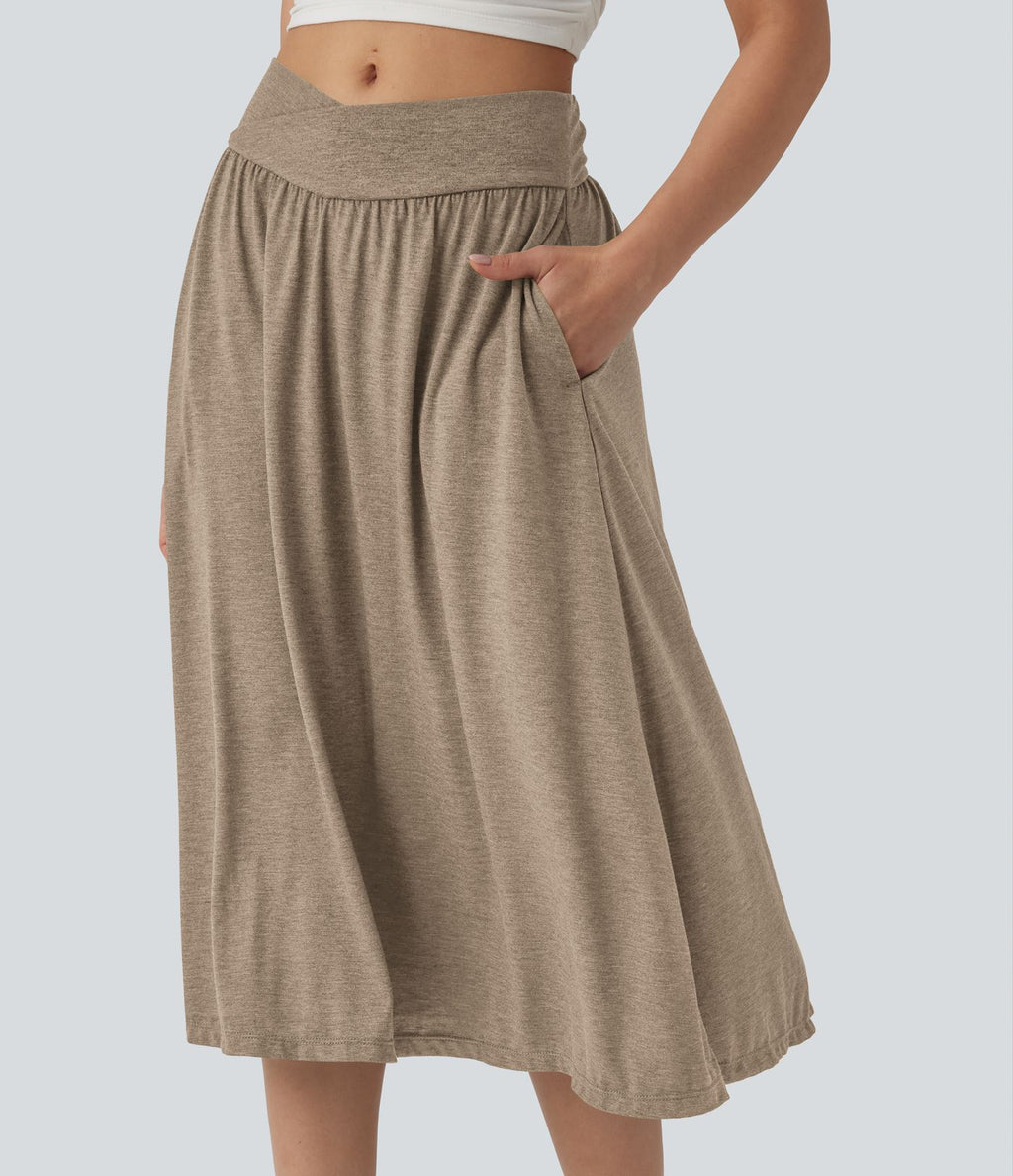 Jupe midi casual fluide croisée taille haute avec poches