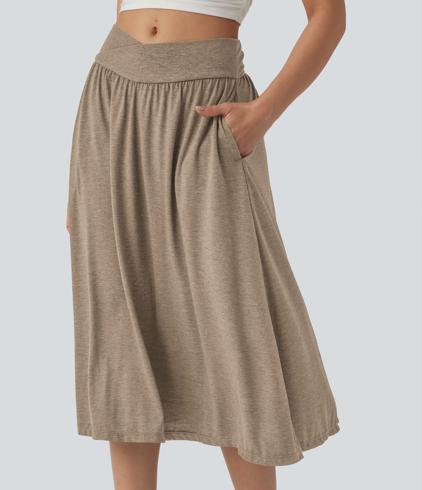 Jupe midi casual fluide croisée taille haute avec poches