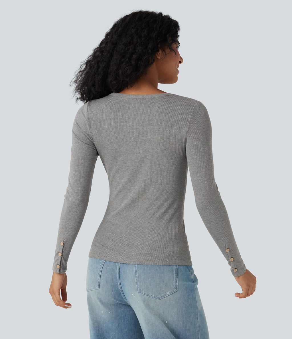 Haut décontracté ajusté maille côtelée henley manches longues