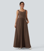 Robe maxi fluide dos nu, avec brassière intégrée et poches