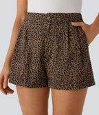 Short en coton décontracté taille haute, poches latérales et imprimé léopard