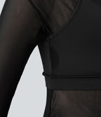 Top sport yoga 2-en-1 asymétrique une épaule manches longues mesh à fronces et trous pour les pouces