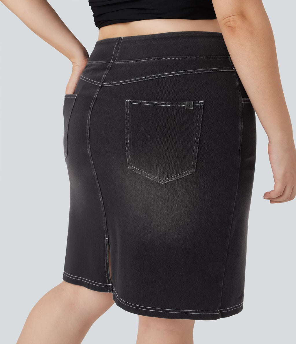 Jupe décontractée en denim délavé Halara Flex™ grande taille taille haute avec poches