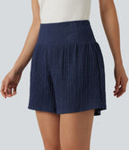 Short baggy 2-en-1 casual en tissu froissé taille haute avec poches