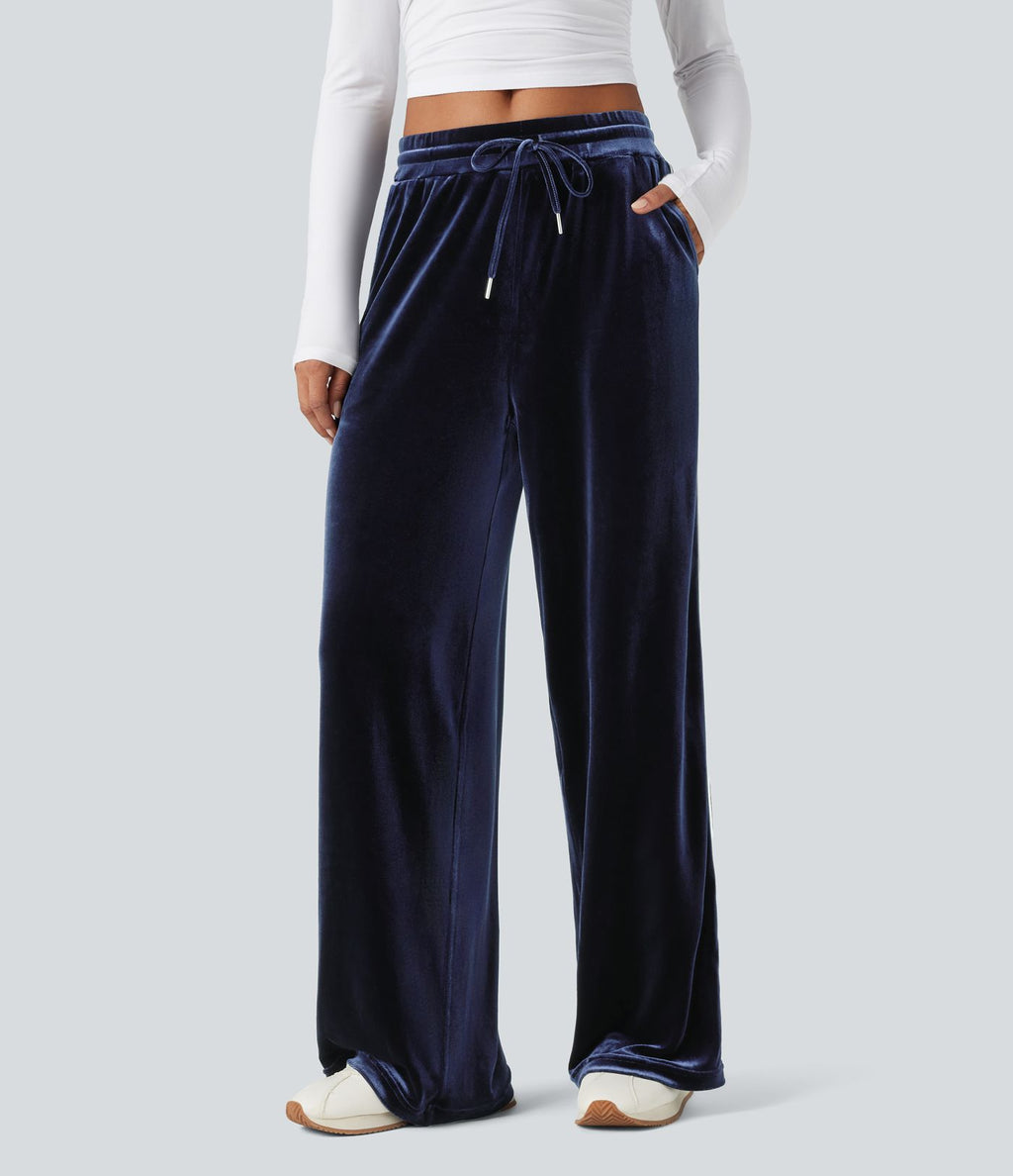 Pantalon décontracté droit en velours, taille mi-haute, avec cordon et poches