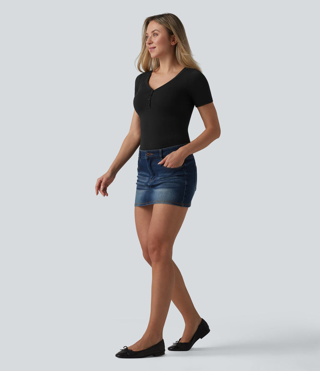 Halara T-shirt décontracté en jersey de coton, col V, manches courtes, brassière intégrée, bonnets B-DD