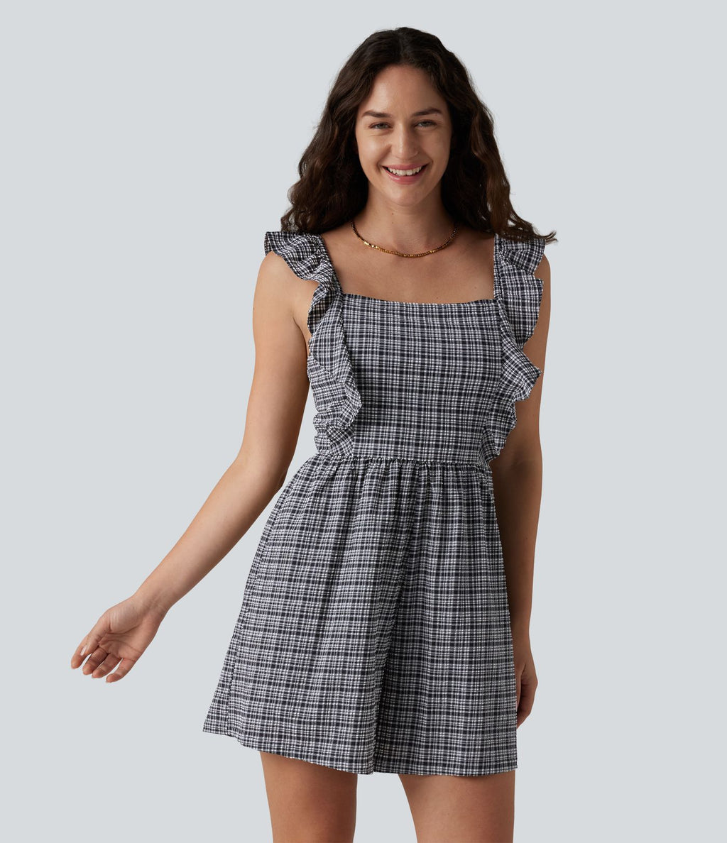 Combinaison short décontractée dos nu torsadé à volants carreaux froissés avec poches, séchage rapide - Easy Peasy