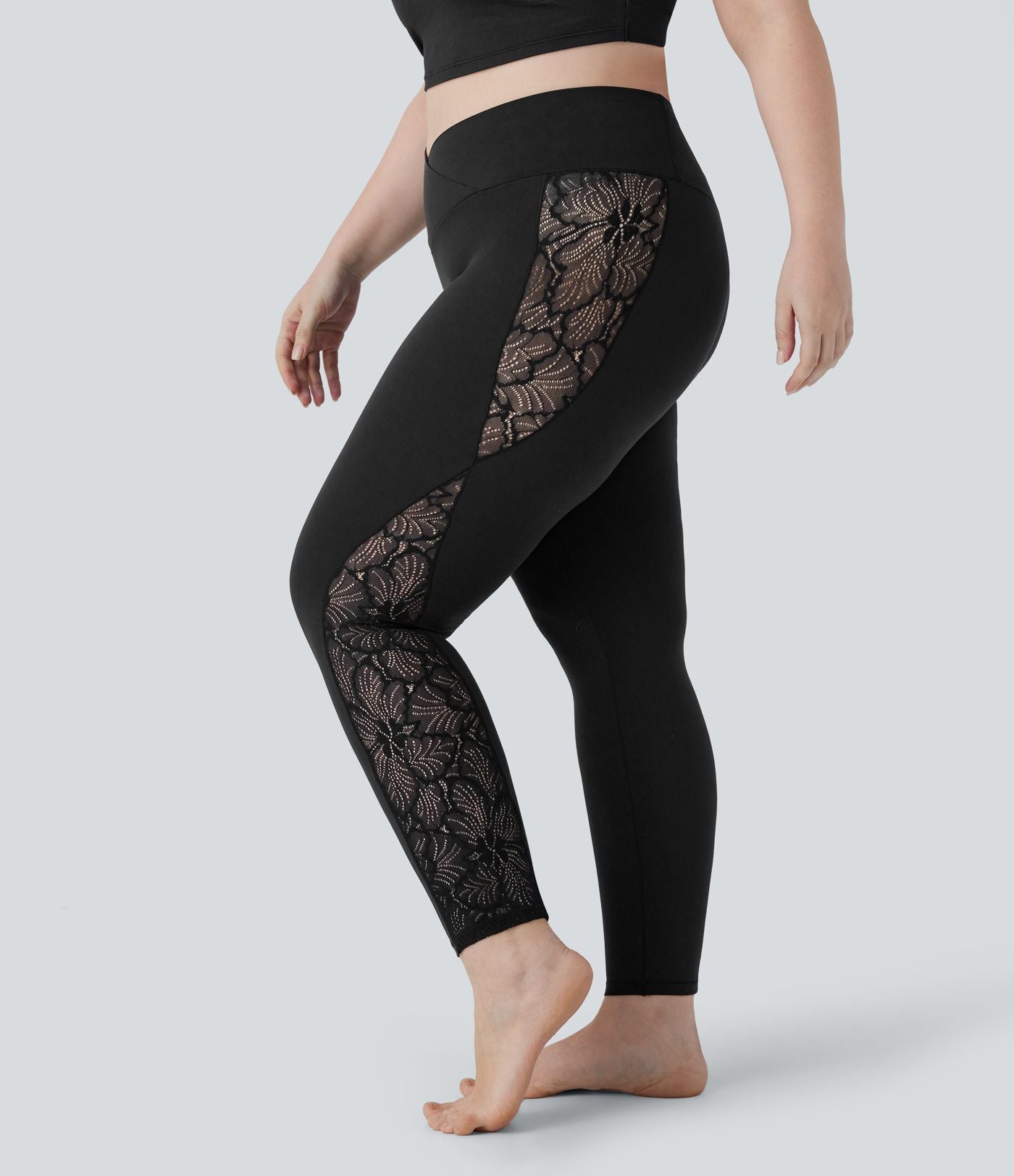 Legging de yoga 7/8 grande taille taille haute avec dos croisé en dentelle contrastante et poche arrière Softlyzero™-UPF50+