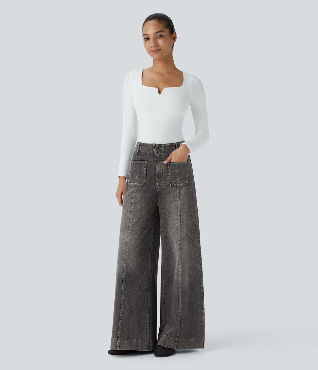 Halara Flex™ Jean large Palazzo et Taille Haute avec Poches Avant en Tricot Extensible Lavé
