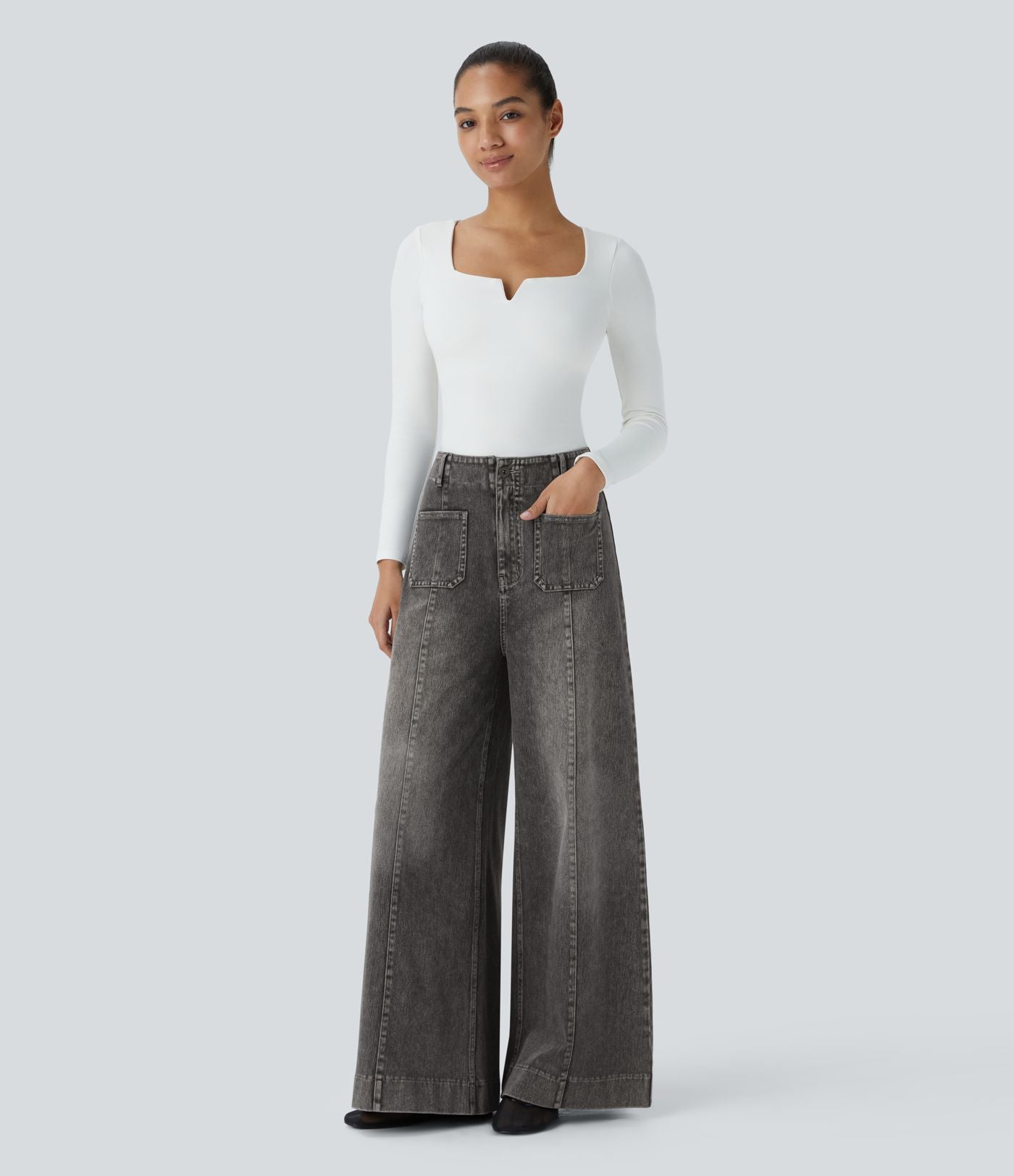 Halara Flex™ Jean large Palazzo et Taille Haute avec Poches Avant en Tricot Extensible Lavé