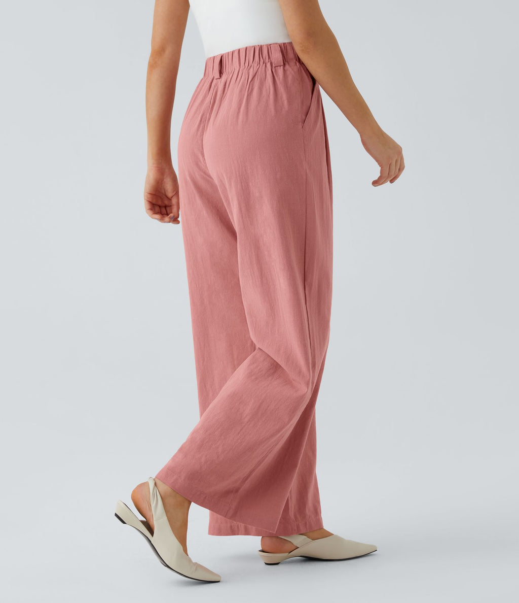 Pantalon Fluide Large Taille Haute Poches Latérales Palazzo Solide Casual Linen-Feel