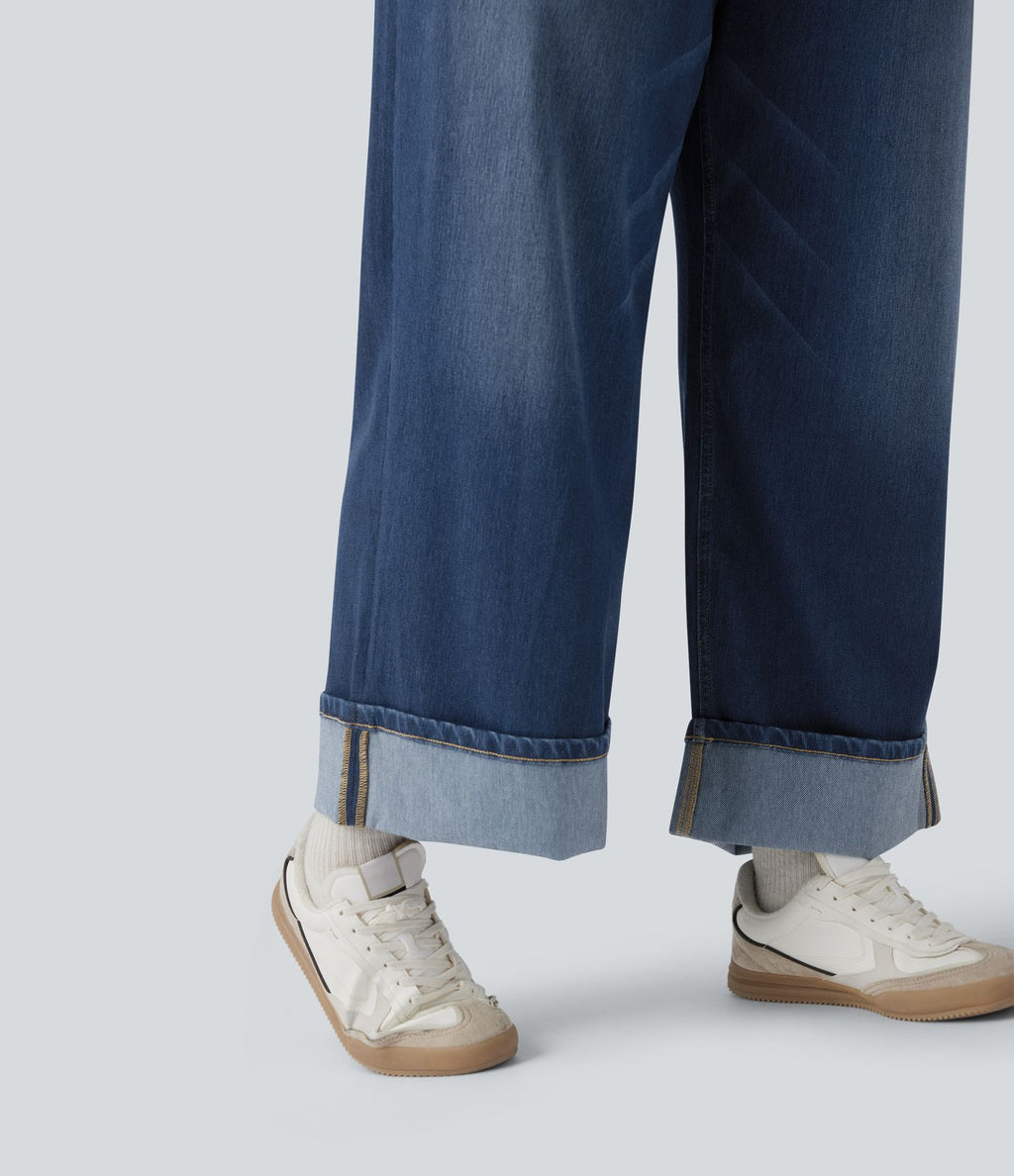 Jean casual grande taille Halara Flex™ tricot extensible délavé taille haute jambe large ourlet roulotté avec poches