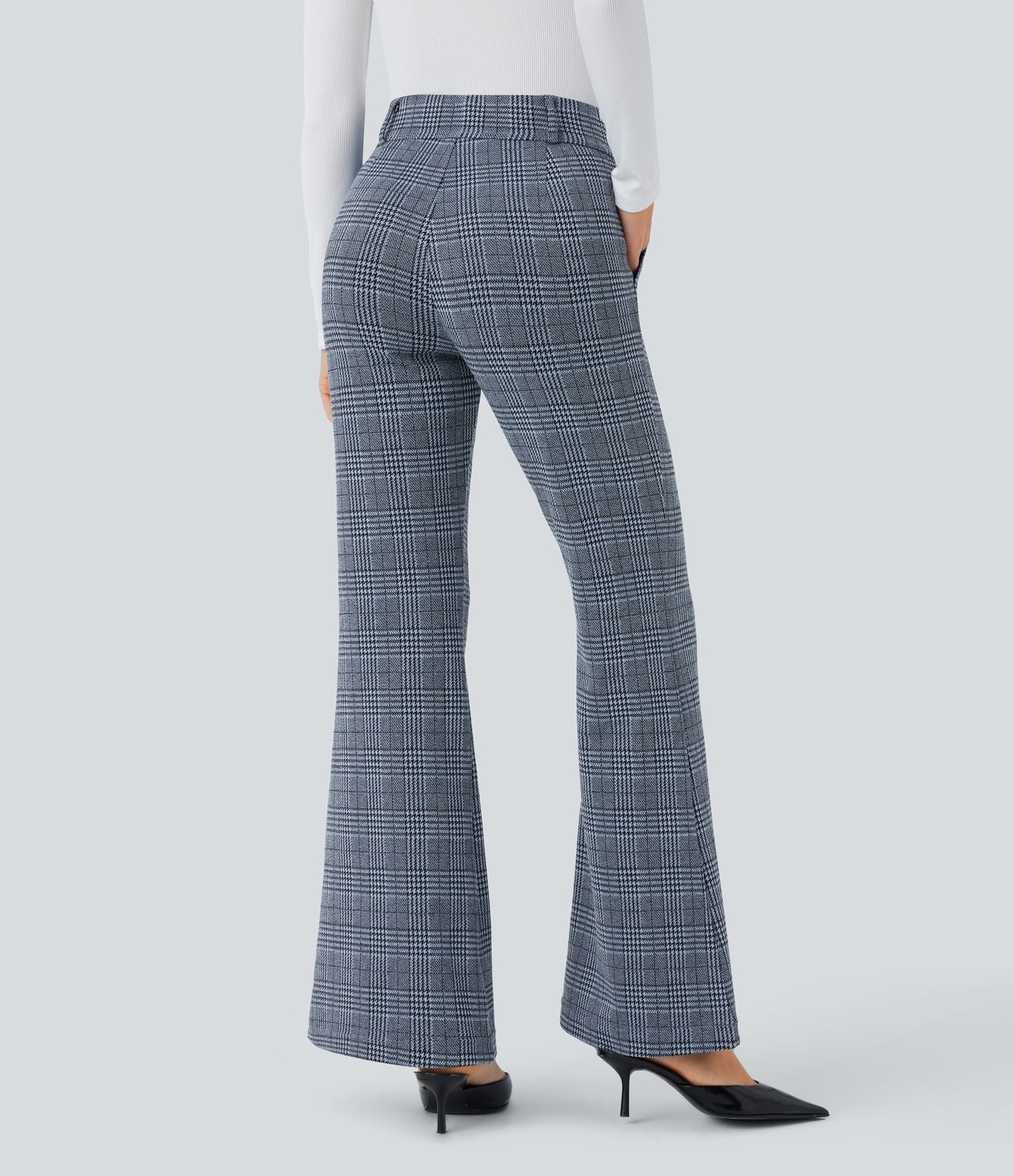 Halara Flex™ Pantalon tailleur évasé à carreaux pied-de-poule, taille haute avec boutons décoratifs et poches latérales
