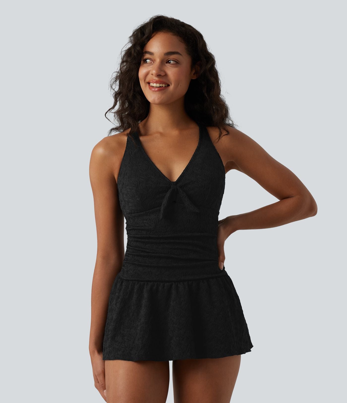 Maillot de bain une pièce 2-en-1 col V en jacquard avec nœud frontal, bretelles réglables, effet push-up, ventre plat et fronces