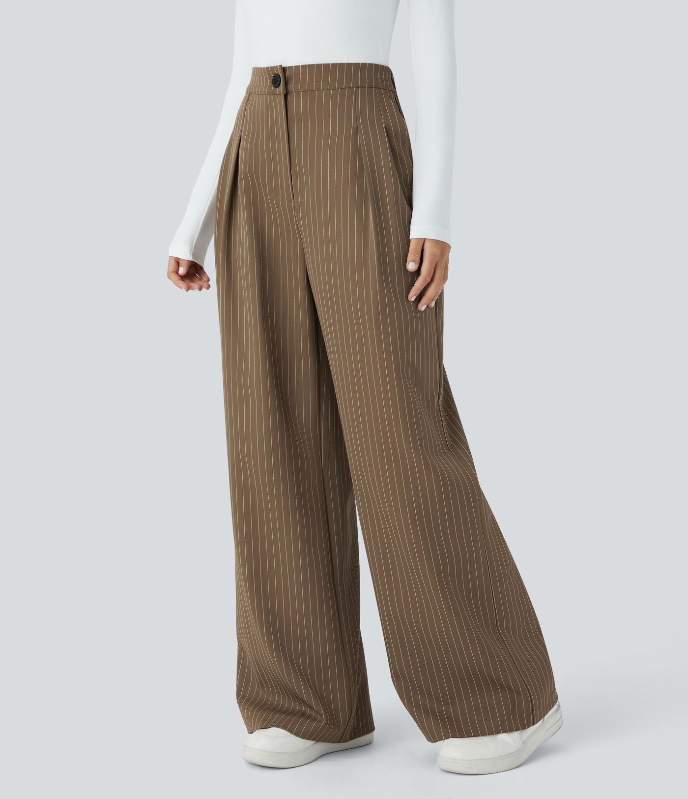Pantalon Tailleur Large Fluide à Rayures, Taille Haute, Bouton et Fermeture Éclair, Poches Latérales