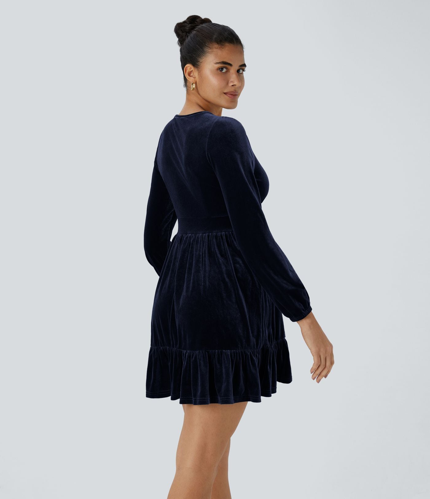 Quotidien Robe de Soirée Mini en Velours à Encolure en V Profond et Ourlet Volanté