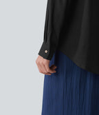 Chemise décontractée en lin col ourlet arrondi manches longues boutonnée avec poches