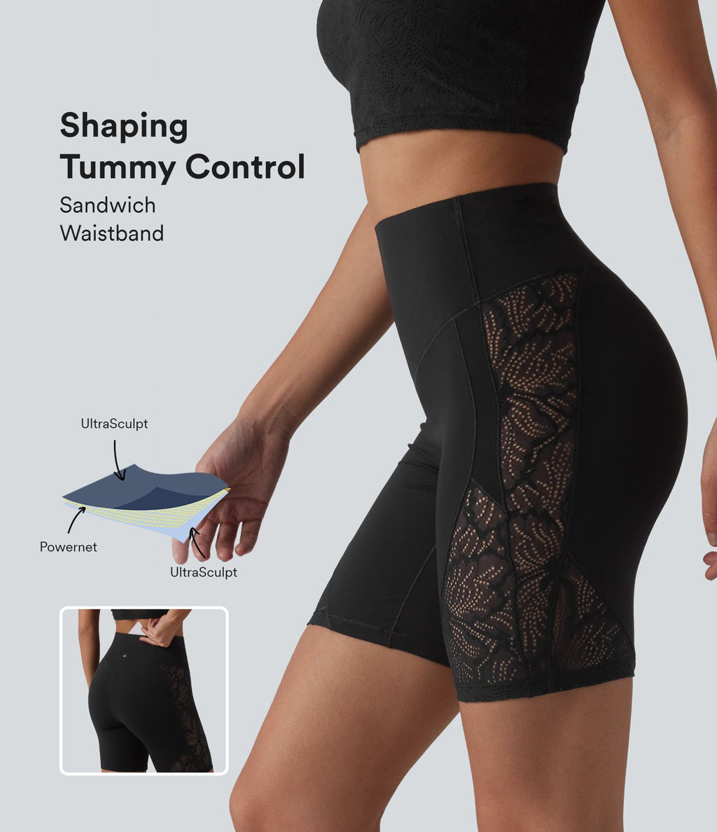 Short cycliste de yoga Halara UltraSculpt™ taille haute ventre plat en dentelle contrastée, 17,5 cm, avec poche