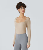 Bodysuit de Travail Tricot Côtelé Col Carré Manches Longues Boutonné Silhouette Élancée
