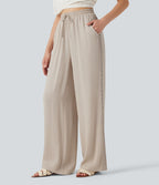 Pantalon décontracté taille haute à cordon de serrage, effet lin, avec poches