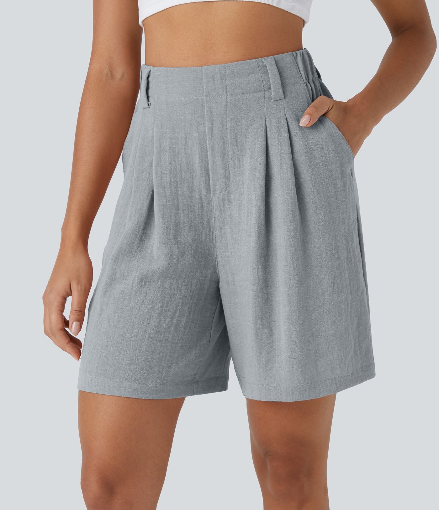 Bermuda Large Fluide Taille Haute avec Plis et Poches Latérales en Lin Synthétique