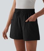 Short casual ample taille mi-haute en popeline extensible à cordon de serrage avec poches