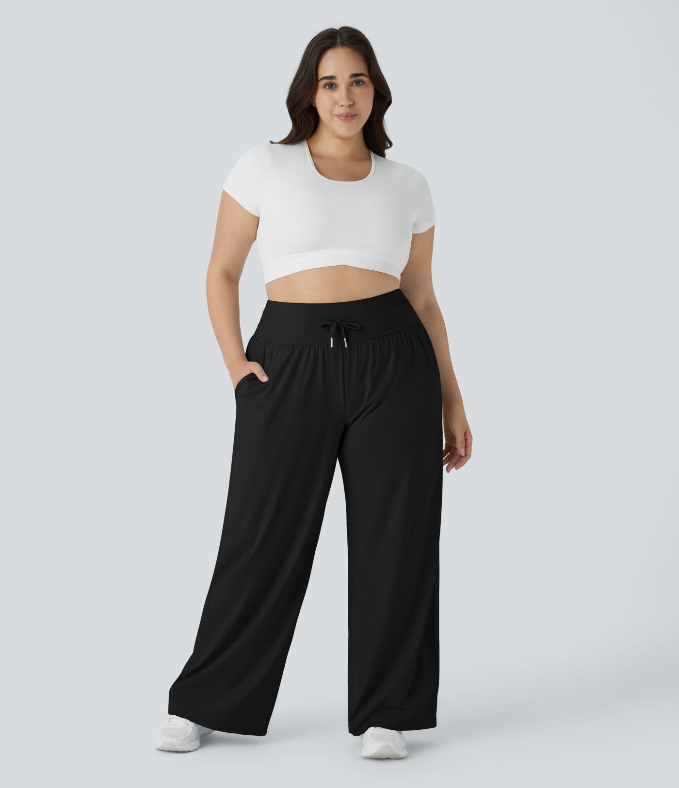 Pantalon large décontracté grande taille à taille haute avec cordon de serrage poches latérales effet frais InstantCool
