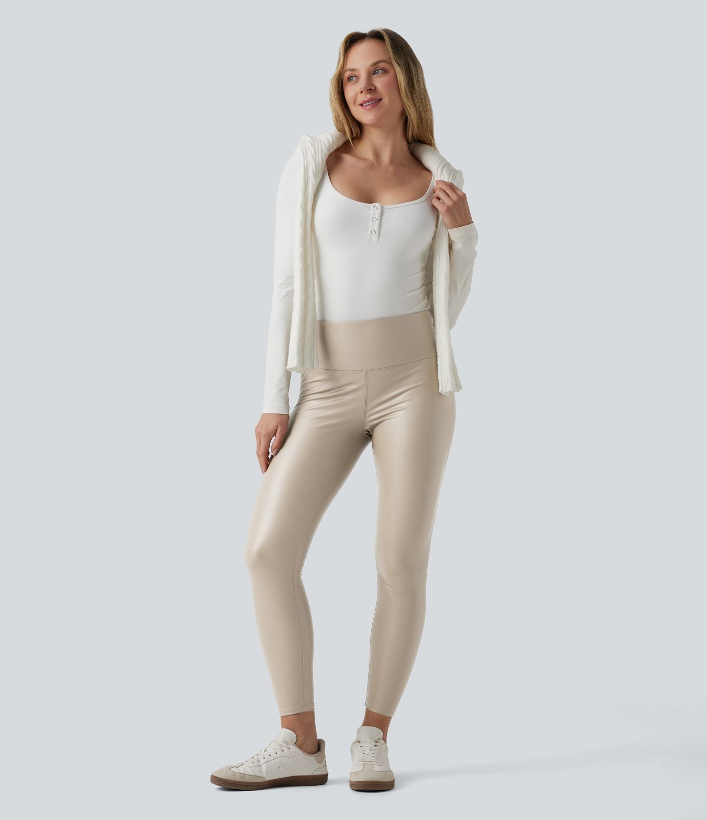 Pantalon 7/8 moulant décontracté polaire gainant taille haute extensible effet cuir avec poches