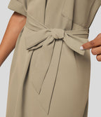 Robe-chemise décontractée à col, manches retroussables et ceinture